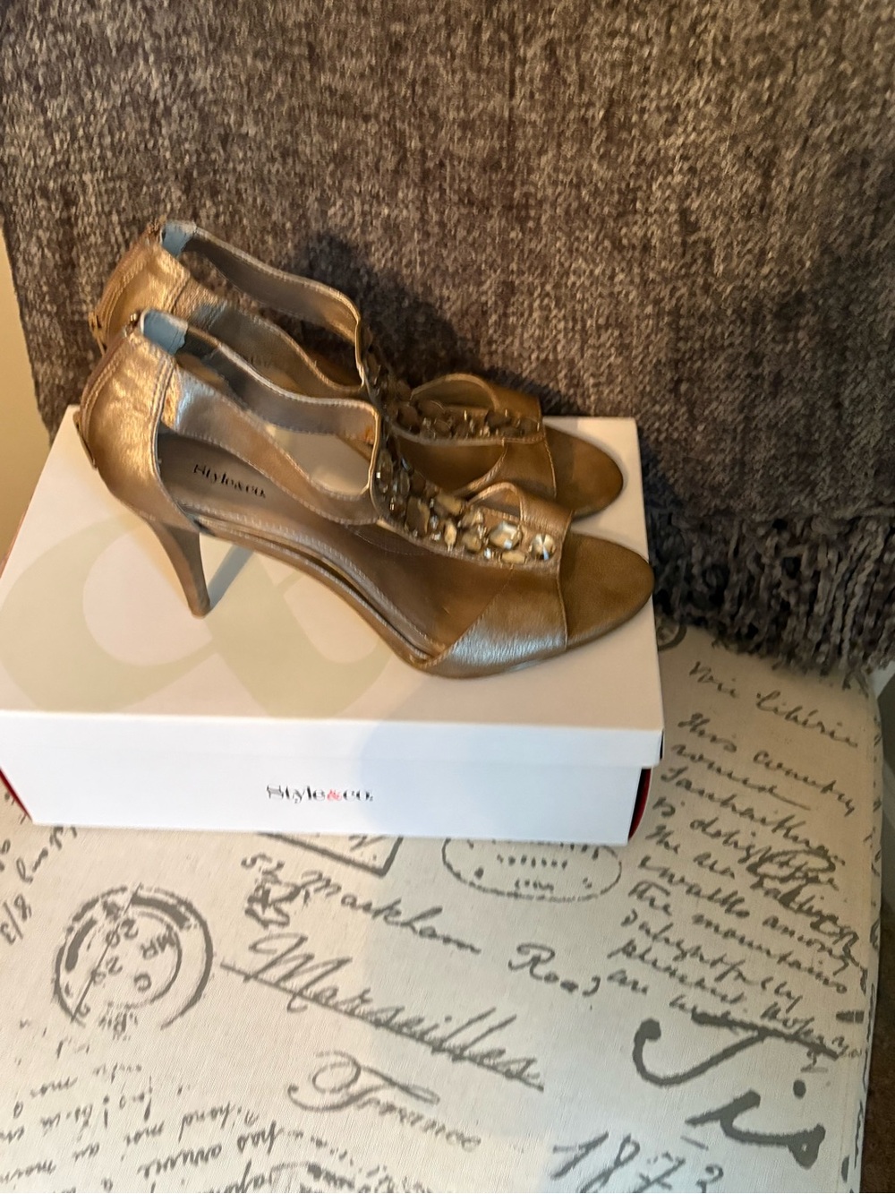 Style & Co. Gold Embellished Open-Toe Heels